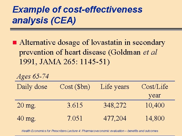 Example of cost-effectiveness analysis (CEA) n Alternative dosage of lovastatin in secondary prevention of