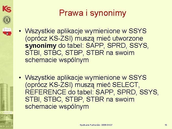 Prawa i synonimy • Wszystkie aplikacje wymienione w SSYS (oprócz KS-ZSI) muszą mieć utworzone
