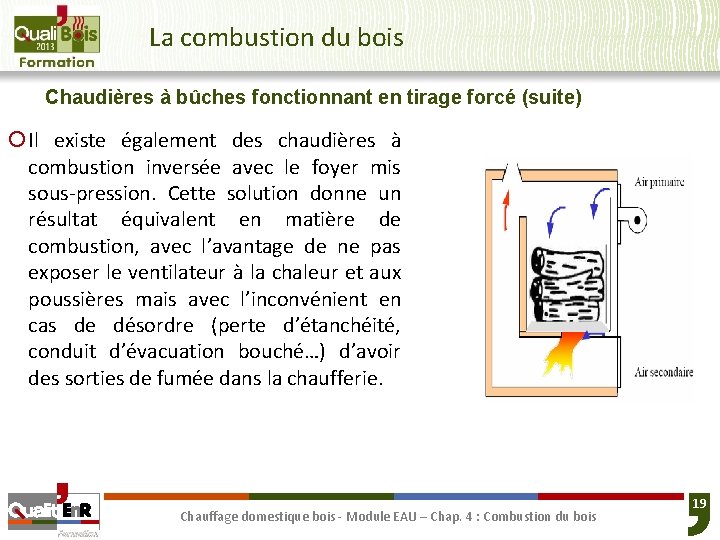 La combustion du bois Chaudières à bûches fonctionnant en tirage forcé (suite) ¡ Il