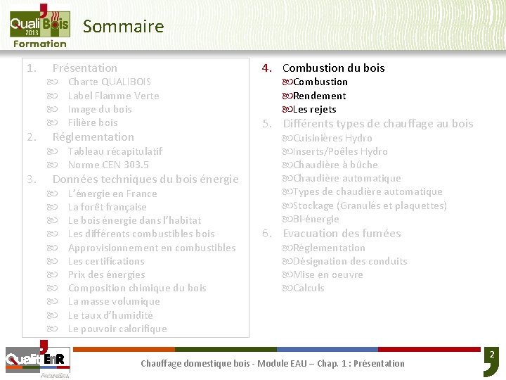 Sommaire 1. 2. 3. Présentation Charte QUALIBOIS Label Flamme Verte Image du bois Filière