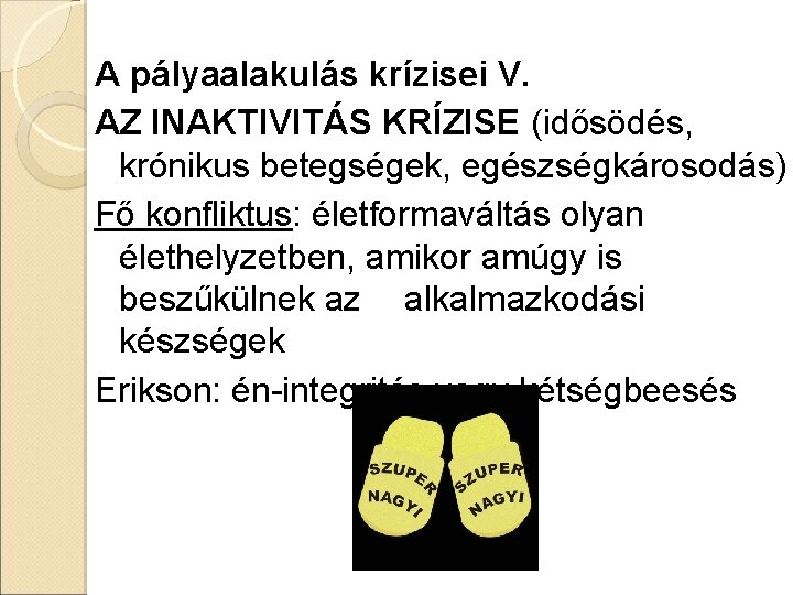 A pályaalakulás krízisei V. AZ INAKTIVITÁS KRÍZISE (idősödés, krónikus betegségek, egészségkárosodás) Fő konfliktus: életformaváltás