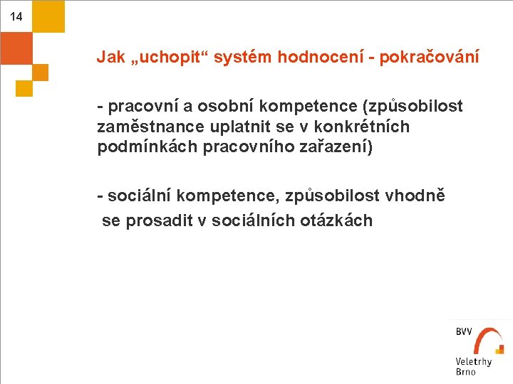 14 Jak „uchopit“ systém hodnocení - pokračování - pracovní a osobní kompetence (způsobilost zaměstnance