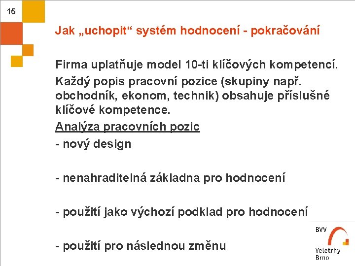 15 Jak „uchopit“ systém hodnocení - pokračování Firma uplatňuje model 10 -ti klíčových kompetencí.