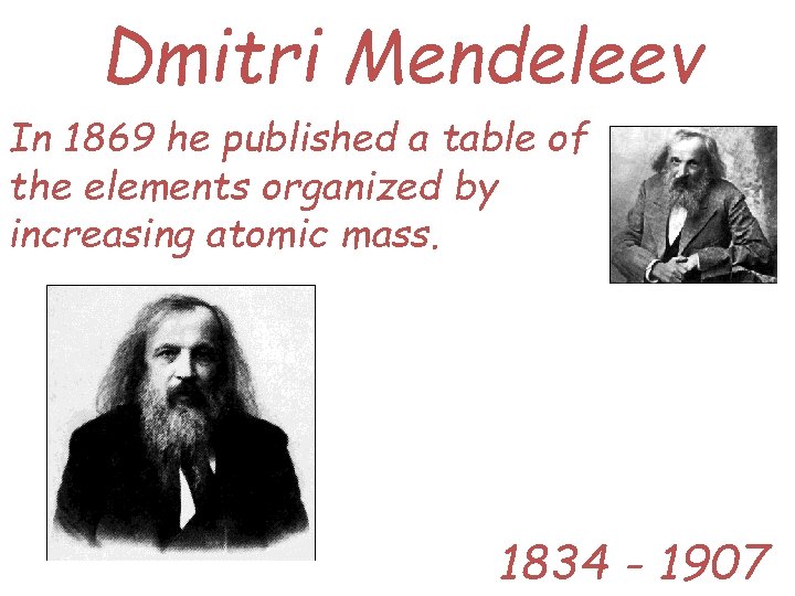 Dmitri Mendeleev In 1869 he published a table of the elements organized by increasing