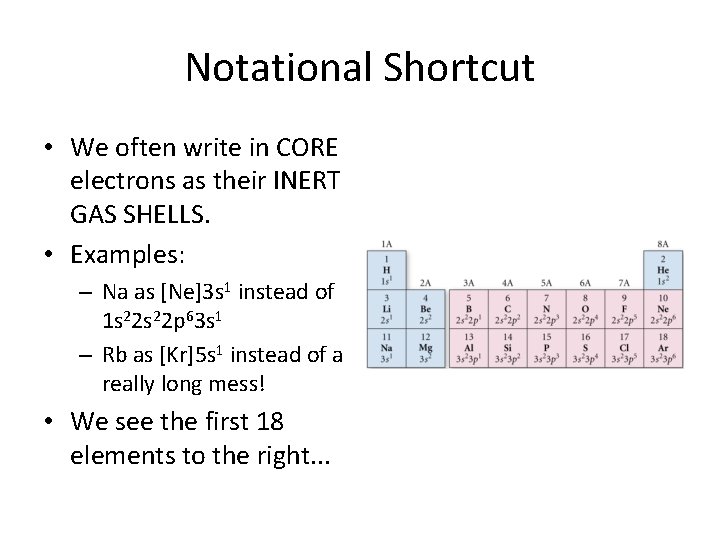 Notational Shortcut • We often write in CORE electrons as their INERT GAS SHELLS.