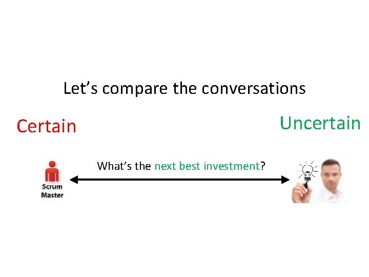 Let’s compare the conversations Uncertain Certain What’s the next best investment? Project Burndown Product