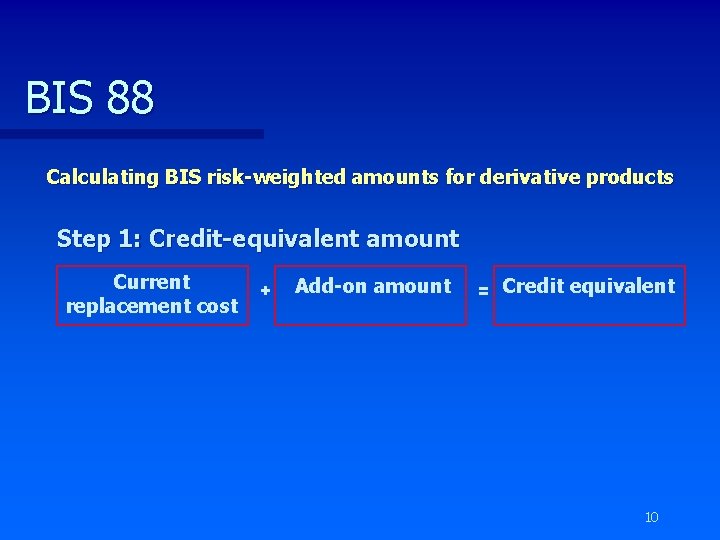 BIS 88 Calculating BIS risk-weighted amounts for derivative products Step 1: Credit-equivalent amount Current