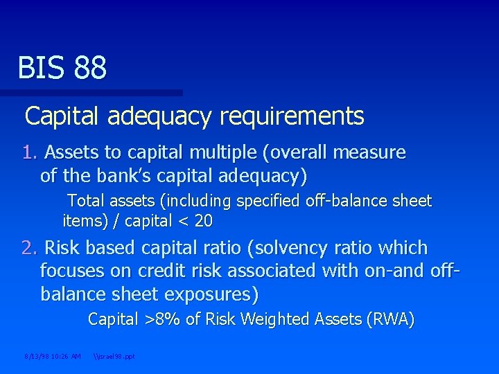 BIS 88 Capital adequacy requirements 1. Assets to capital multiple (overall measure of the