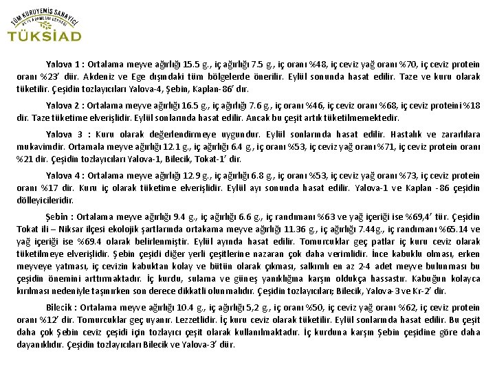 Yalova 1 : Ortalama meyve ağırlığı 15. 5 g. , iç ağırlığı 7. 5