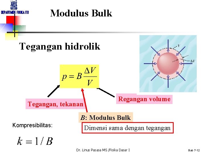 DEPARTMEN FISIKA ITB Modulus Bulk Tegangan hidrolik Tegangan, tekanan Kompresibilitas: Regangan volume B: Modulus