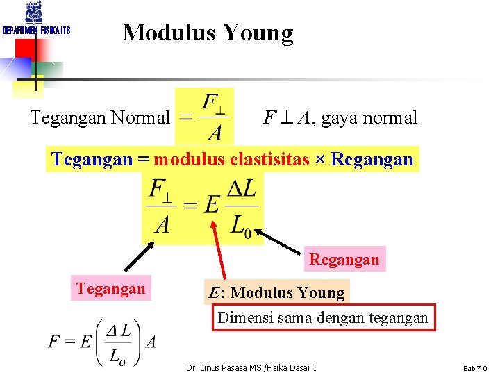 DEPARTMEN FISIKA ITB Modulus Young Tegangan Normal F A, gaya normal Tegangan = modulus