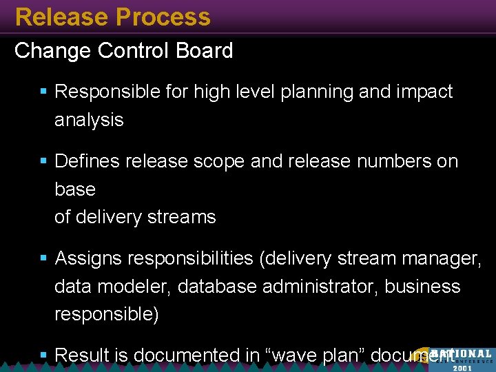 Release Process Change Control Board § Responsible for high level planning and impact analysis