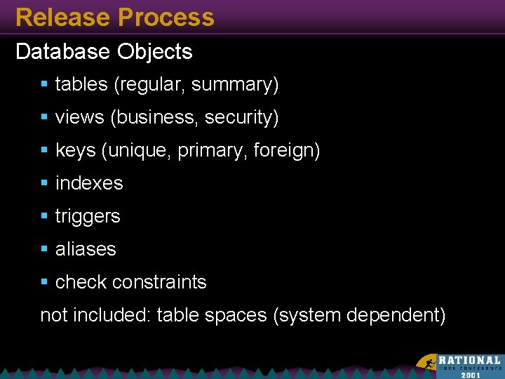 Release Process Database Objects § tables (regular, summary) § views (business, security) § keys