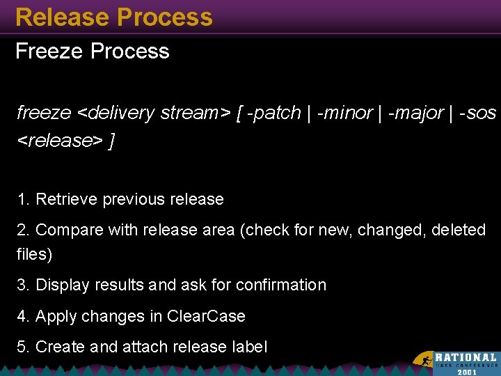 Release Process Freeze Process freeze <delivery stream> [ -patch | -minor | -major |