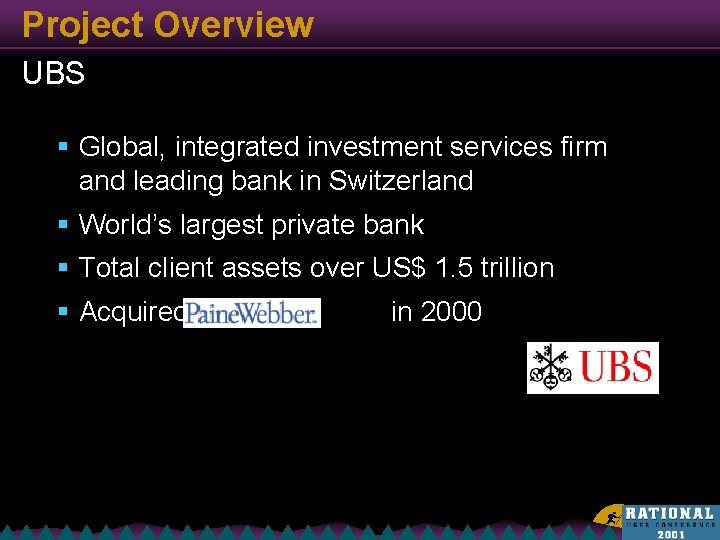 Project Overview UBS § Global, integrated investment services firm and leading bank in Switzerland