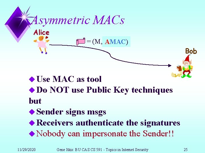 Asymmetric MACs Alice = (M, Sig AMAC) M) Bob u Use MAC as tool