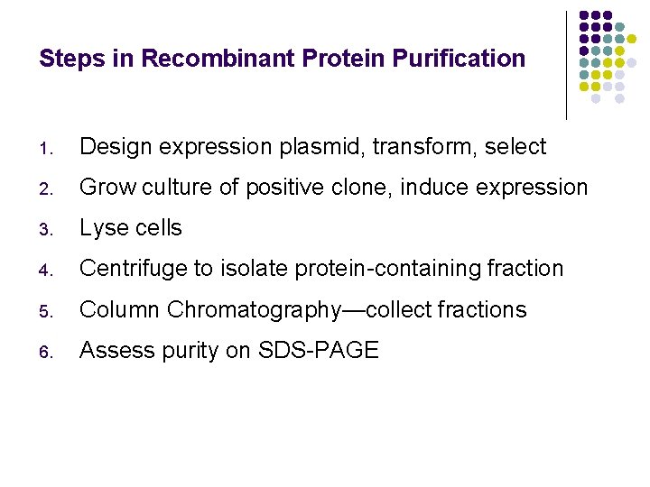 Steps in Recombinant Protein Purification 1. Design expression plasmid, transform, select 2. Grow culture Steps in Recombinant Protein Purification 1. Design expression plasmid, transform, select 2. Grow culture