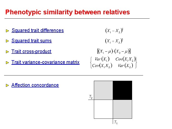 Phenotypic similarity between relatives Squared trait differences Squared trait sums Trait cross-product Trait variance-covariance
