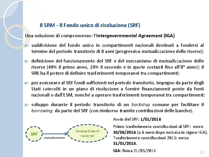 Il SRM - Il Fondo unico di risoluzione (SRF) Una soluzione di compromesso: l’Intergovernmental