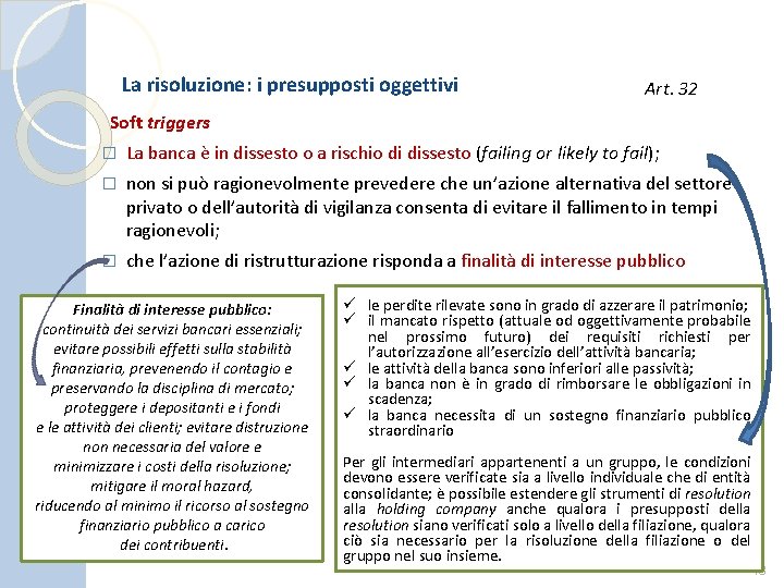 La risoluzione: i presupposti oggettivi Art. 32 Soft triggers � La banca è in