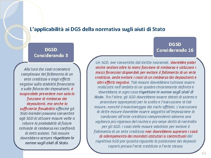 L’applicabilità ai DGS della normativa sugli aiuti di Stato DGSD Considerando 3 Alla luce