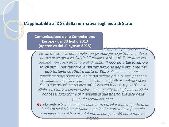 L’applicabilità ai DGS della normativa sugli aiuti di Stato Comunicazione della Commissione Europea del