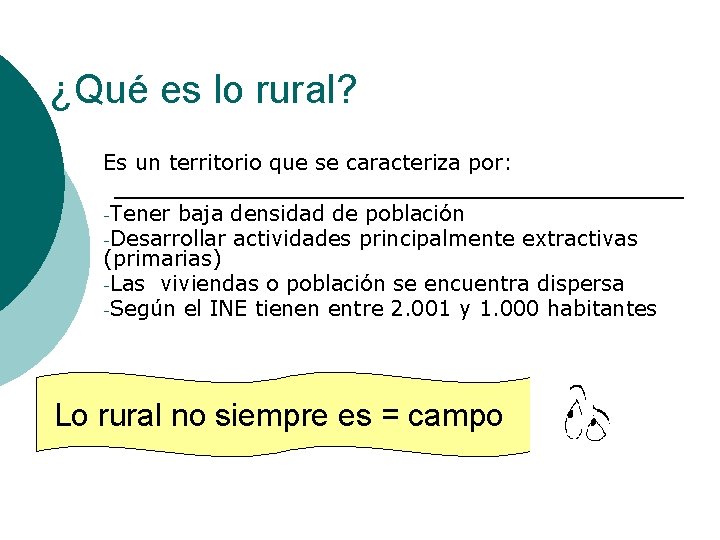 ¿Qué es lo rural? Es un territorio que se caracteriza por: -Tener baja densidad