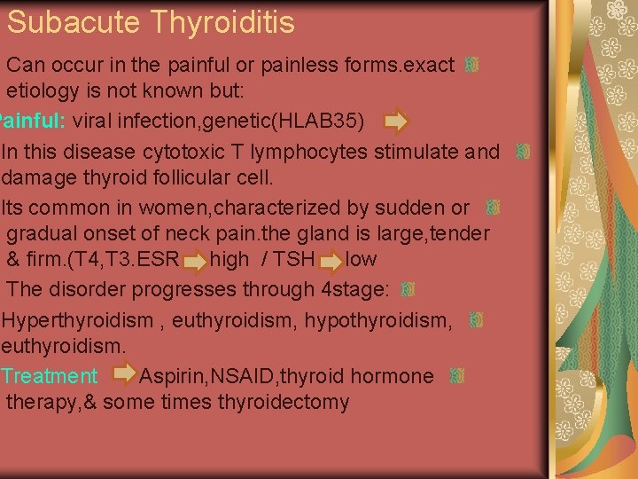 Subacute Thyroiditis Can occur in the painful or painless forms. exact etiology is not