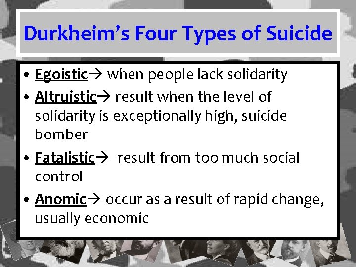 Durkheim’s Four Types of Suicide • Egoistic when people lack solidarity • Altruistic result