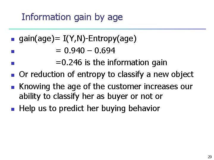 Information gain by age n n n gain(age)= I(Y, N)-Entropy(age) = 0. 940 –