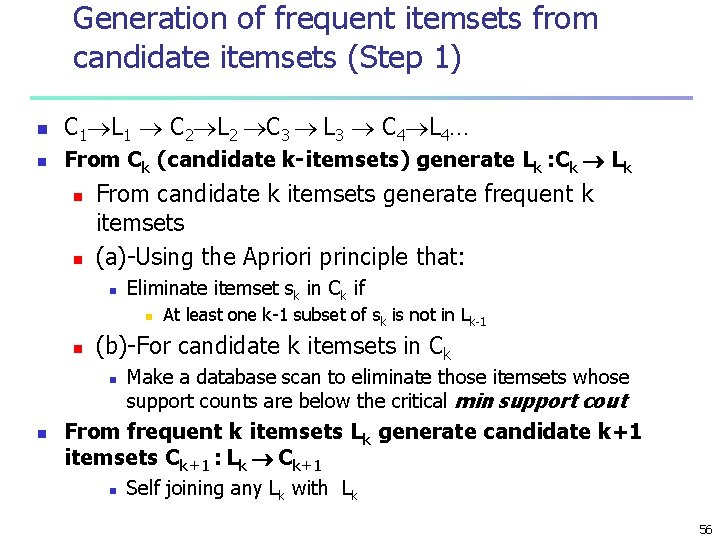 Generation of frequent itemsets from candidate itemsets (Step 1) n C 1 L 1