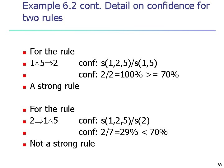 Example 6. 2 cont. Detail on confidence for two rules n n n n