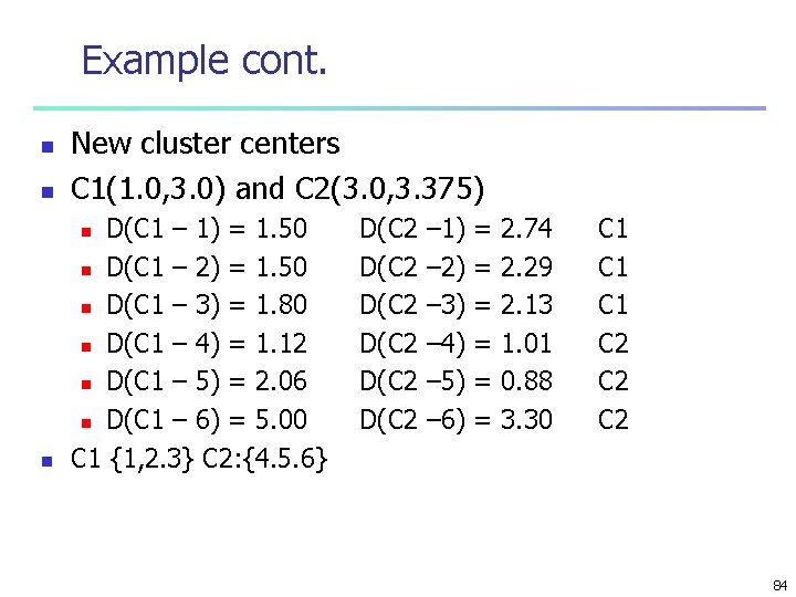 Example cont. n New cluster centers C 1(1. 0, 3. 0) and C 2(3.