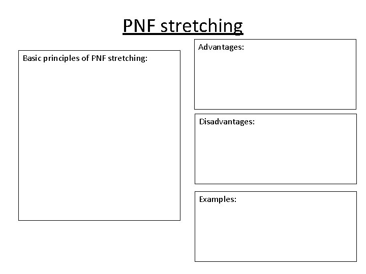PNF stretching Advantages: Basic principles of PNF stretching: Disadvantages: Examples: 