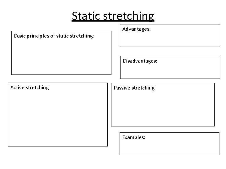 Static stretching Advantages: Basic principles of static stretching: Disadvantages: Active stretching Passive stretching Examples: