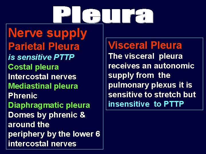 Nerve supply Parietal Pleura is sensitive PTTP Costal pleura Intercostal nerves Mediastinal pleura Phrenic