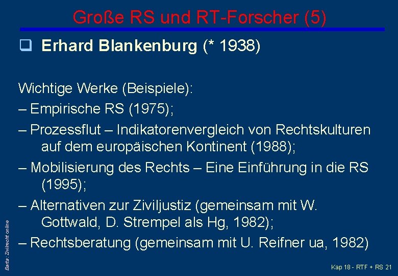 Große RS und RT-Forscher (5) Barta: Zivilrecht online q Erhard Blankenburg (* 1938) Wichtige