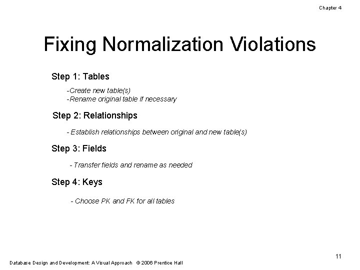 Chapter 4 Fixing Normalization Violations Step 1: Tables -Create new table(s) -Rename original table