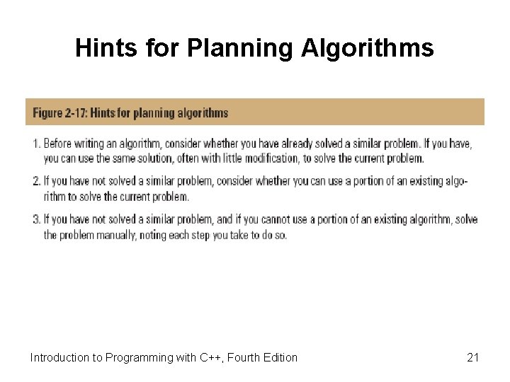 Hints for Planning Algorithms Introduction to Programming with C++, Fourth Edition 21 