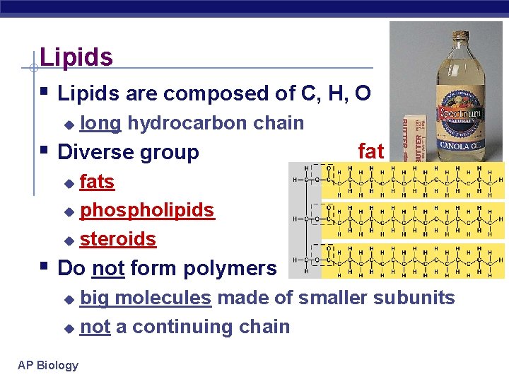 Lipids § Lipids are composed of C, H, O u long hydrocarbon chain §