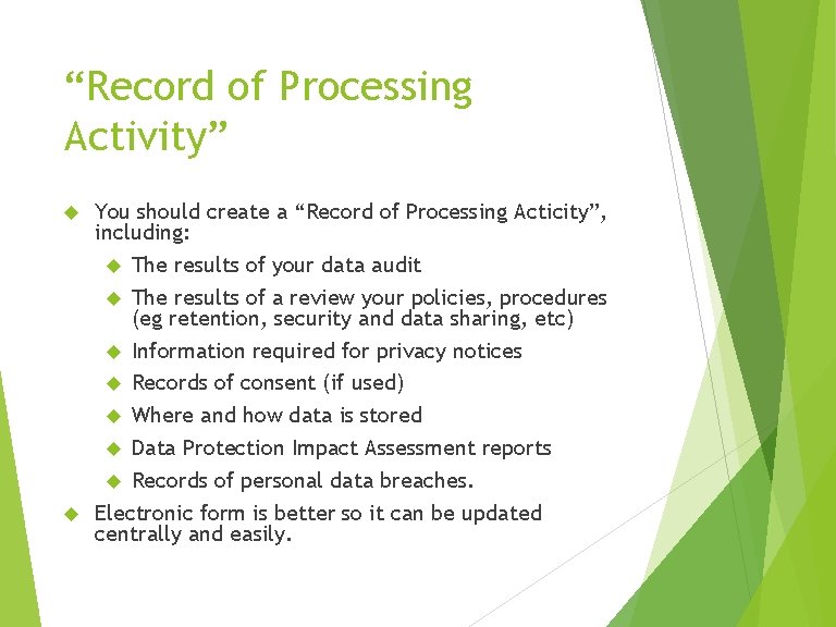 “Record of Processing Activity” You should create a “Record of Processing Acticity”, including: The