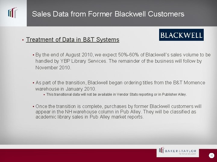 Sales Data from Former Blackwell Customers • Treatment of Data in B&T Systems •