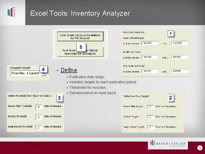 Excel Tools: Inventory Analyzer • Define • Publication date range; • Inventory targets for