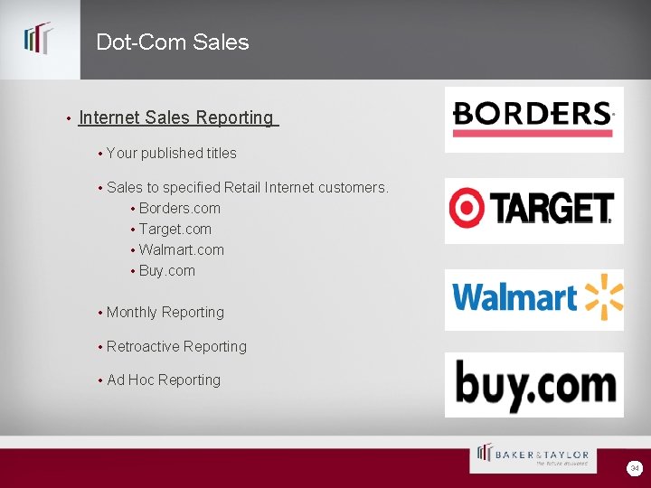 Dot-Com Sales • Internet Sales Reporting • Your published titles • Sales to specified