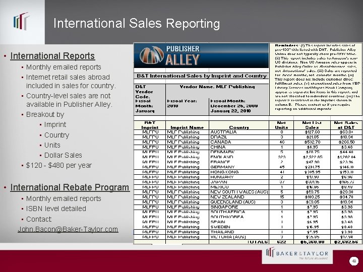 International Sales Reporting • International Reports • Monthly emailed reports • Internet retail sales