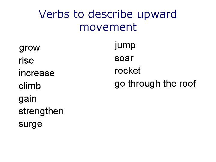 Verbs to describe upward movement grow rise increase climb gain strengthen surge jump soar Verbs to describe upward movement grow rise increase climb gain strengthen surge jump soar