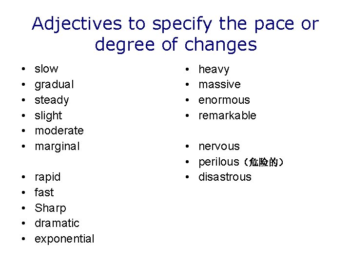 Adjectives to specify the pace or degree of changes • • • slow gradual