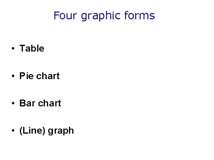 Four graphic forms • Table • Pie chart • Bar chart • (Line) graph Four graphic forms • Table • Pie chart • Bar chart • (Line) graph