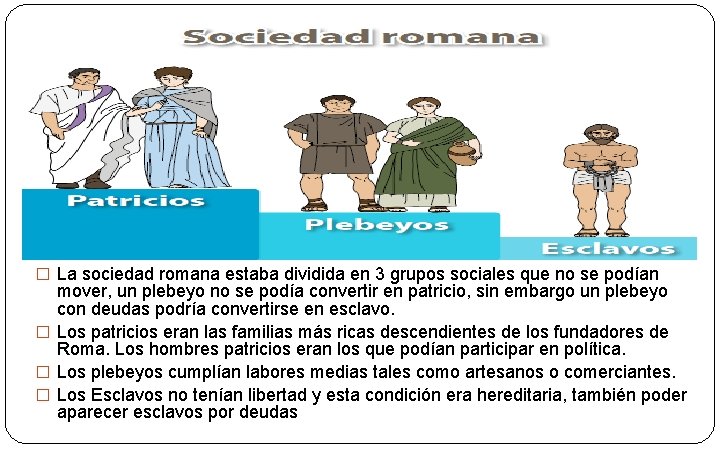 � La sociedad romana estaba dividida en 3 grupos sociales que no se podían