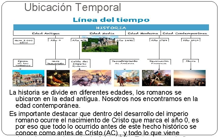 Ubicación Temporal La historia se divide en diferentes edades, los romanos se ubicaron en